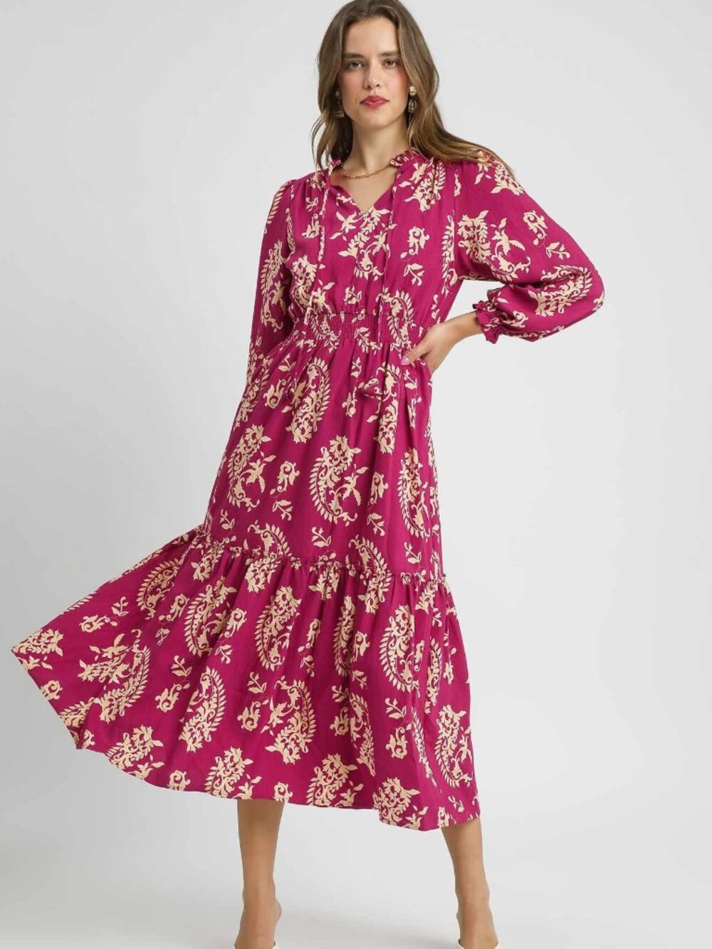 Magenta Print Midi Dress